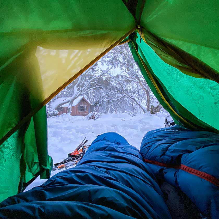 Mont Dragonfly Tent, Mont Warmlite 750 Boxfoot Sleeping Bags, Mount Hotham Winter 2020. By Carol Binder