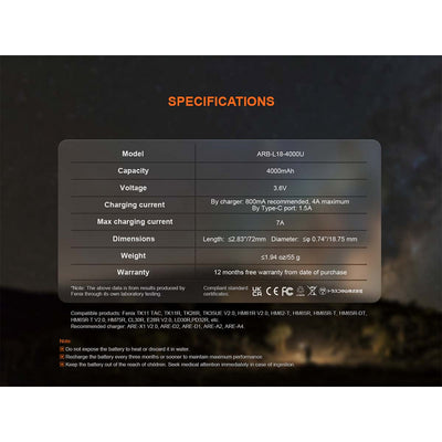 Fenix ARB-L18-4000U USB Rechargeable Battery