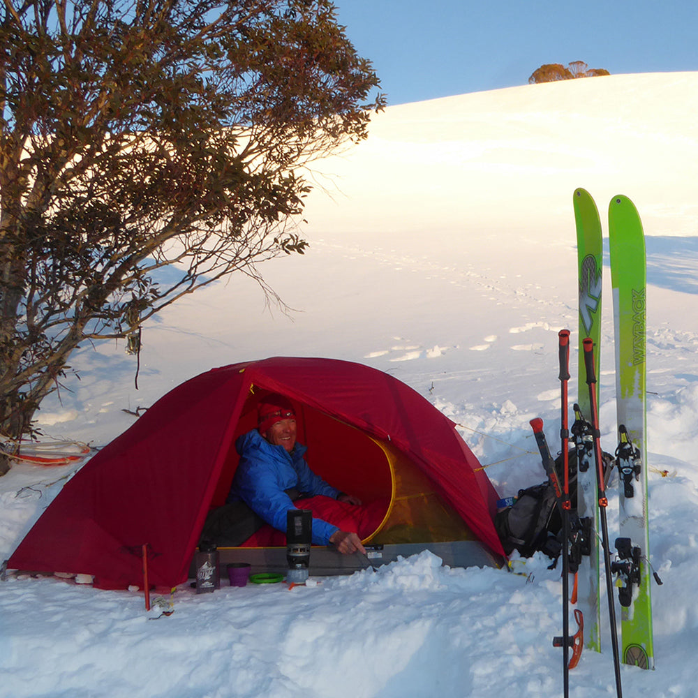 Mont Ambassador Doug Chatten in the NSW Snowy Mountains with his Mont Moondance 1 Full Nylon Tent
