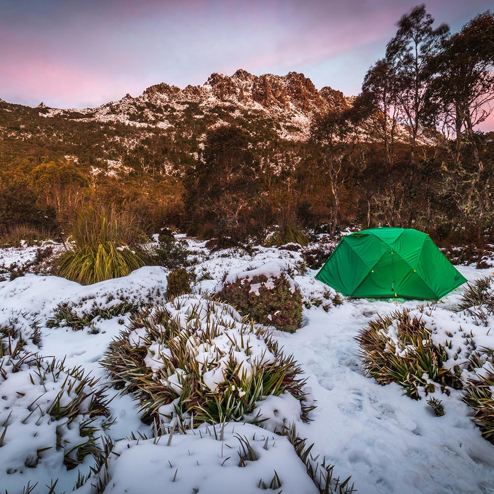 Sunset over Collins Bonnet, Tasmania. Mont Dragonfly Tent. By Geoff Murray