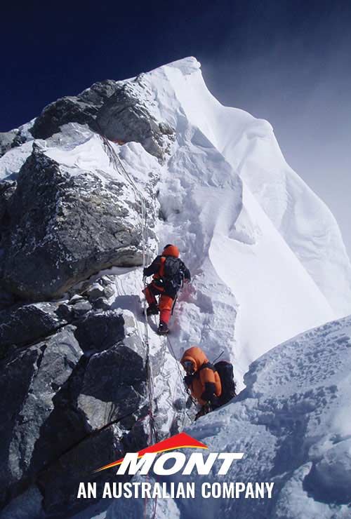 V-Pet expedition nearing the summit of Mount Everest. Wearing Mont High Altitude Down Suits