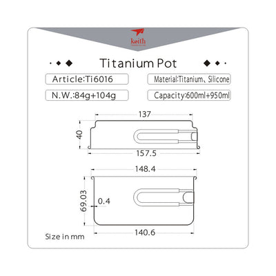 Keith 2 Piece Titanium Pot and Pan Cookset 950ml + 600ml